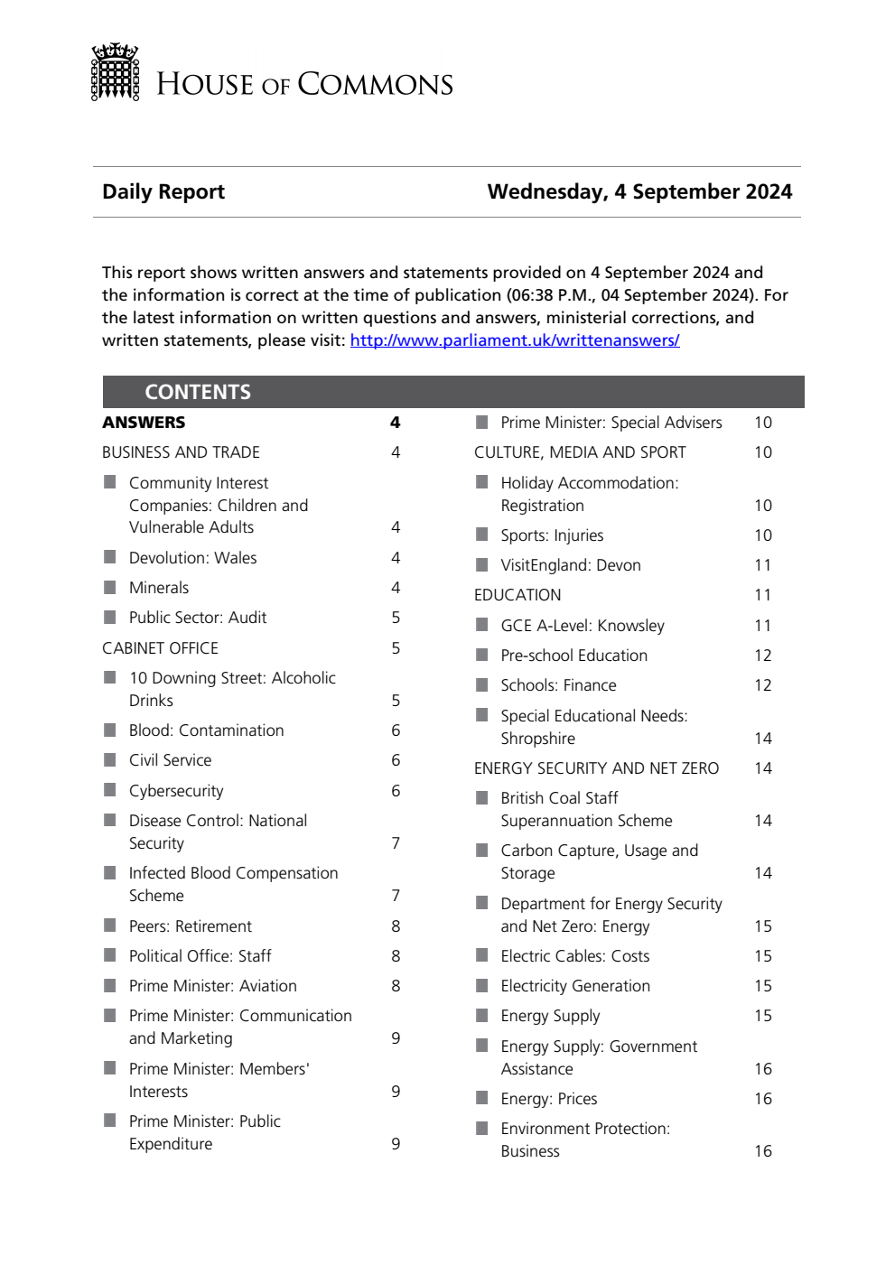 HOC Daily Report Written Statements and Answers 04.09.24